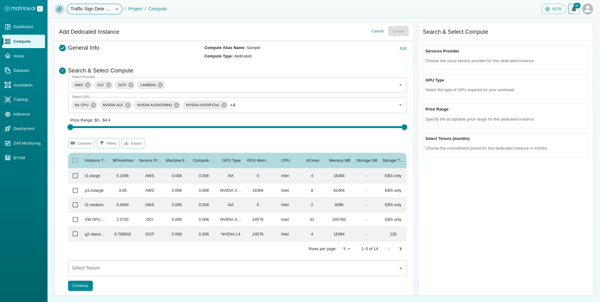 Add Dedicated Instance - Select Compute